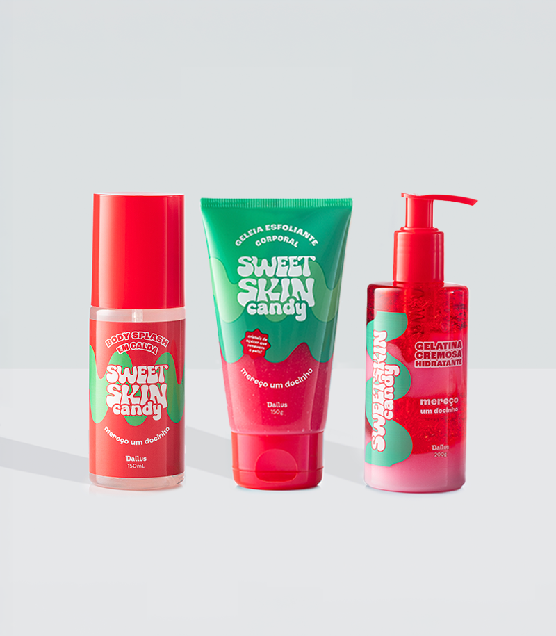 KIT TRIO MEREÇO UM DOCINHO (MELANCIA ICE) – ESFOLIANTE + HIDRATANTE + BODY SPLASH – SWEET SKIN CANDY