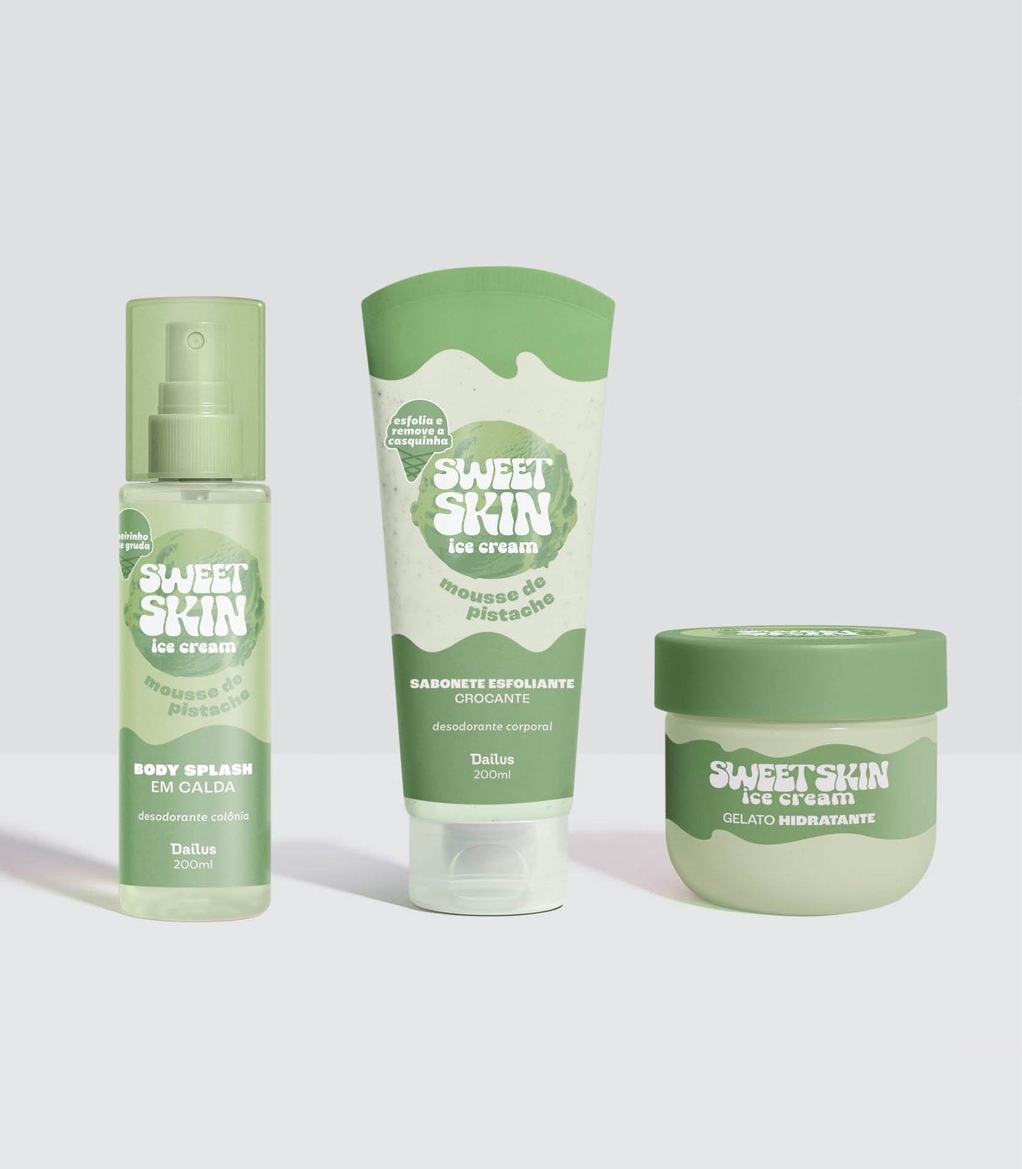 KIT TRIO MOUSSE DE PISTACHE – SABONETE ESFOLIANTE CROCANTE + GELATO HIDRATANTE + BODY SPLASH EM CALDA – SWEET SKIN ICE CREAM