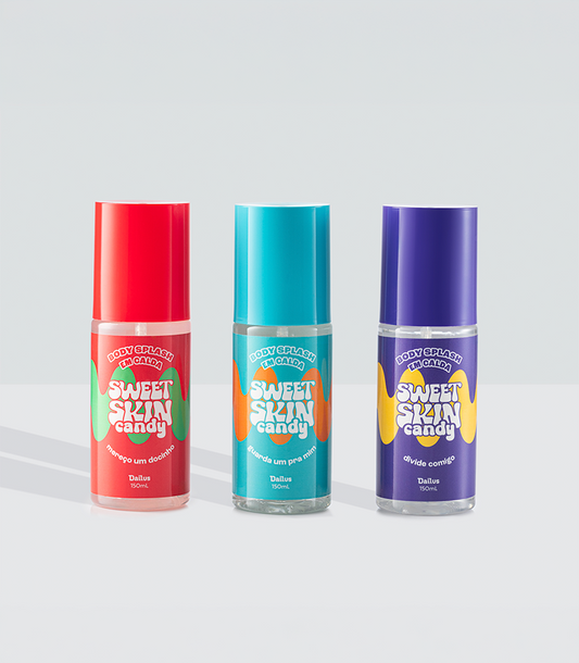 KIT TRIO BODY SPLASHES – MEREÇO UM DOCINHO (MELANCIA ICE), GUARDA UM PRA MIM (CINNAMON ROLL) E DIVIDE COMIGO (BERRIES) – SWEET SKIN CANDY