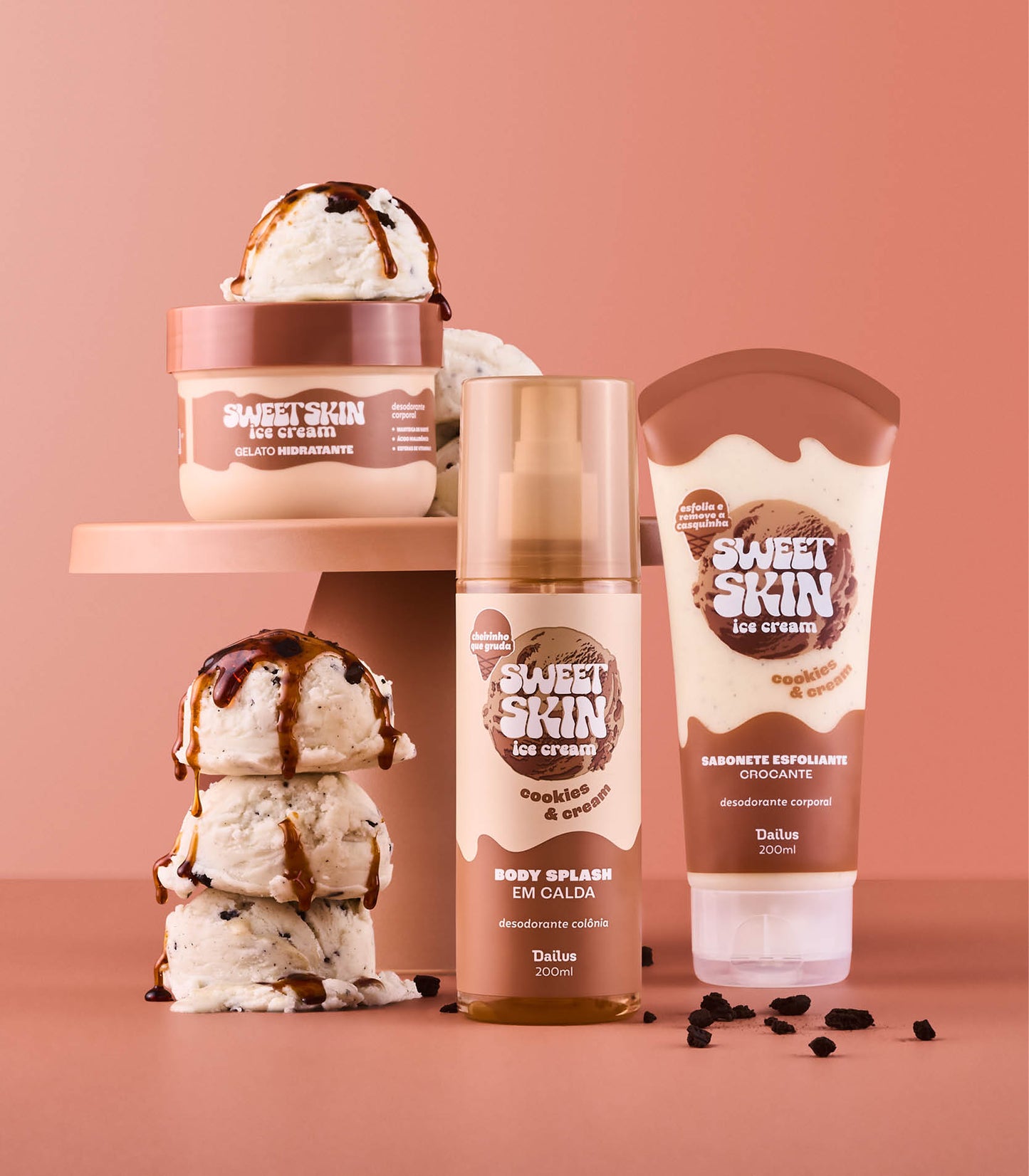 KIT TRIO COOKIES & CREAM – SABONETE ESFOLIANTE CROCANTE + GELATO HIDRATANTE + BODY SPLASH EM CALDA – SWEET SKIN ICE CREAM