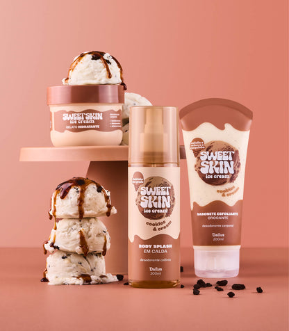 KIT TRIO COOKIES & CREAM – SABONETE ESFOLIANTE CROCANTE + GELATO HIDRATANTE + BODY SPLASH EM CALDA – SWEET SKIN ICE CREAM
