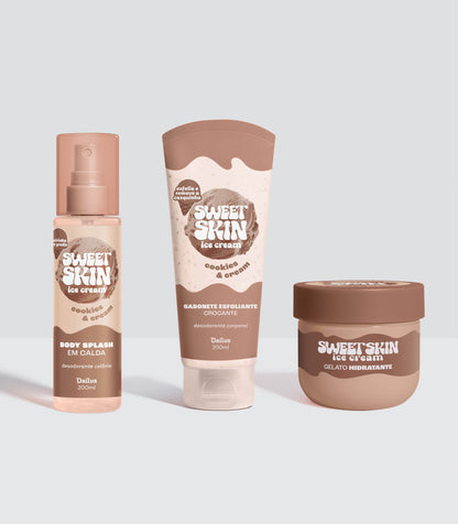 KIT TRIO COOKIES & CREAM – SABONETE ESFOLIANTE CROCANTE + GELATO HIDRATANTE + BODY SPLASH EM CALDA – SWEET SKIN ICE CREAM