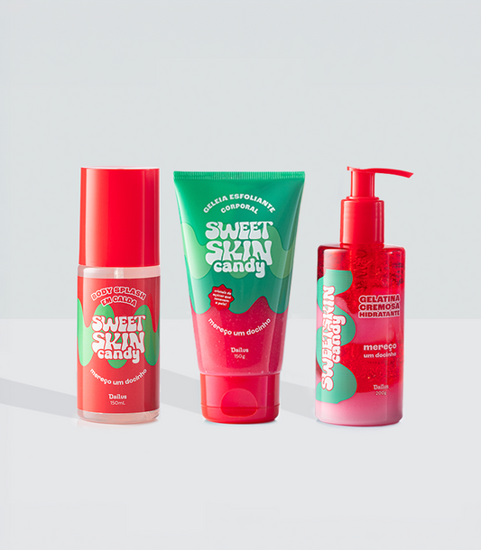 KIT TRIO MEREÇO UM DOCINHO (MELANCIA ICE) – ESFOLIANTE + HIDRATANTE + BODY SPLASH – SWEET SKIN CANDY