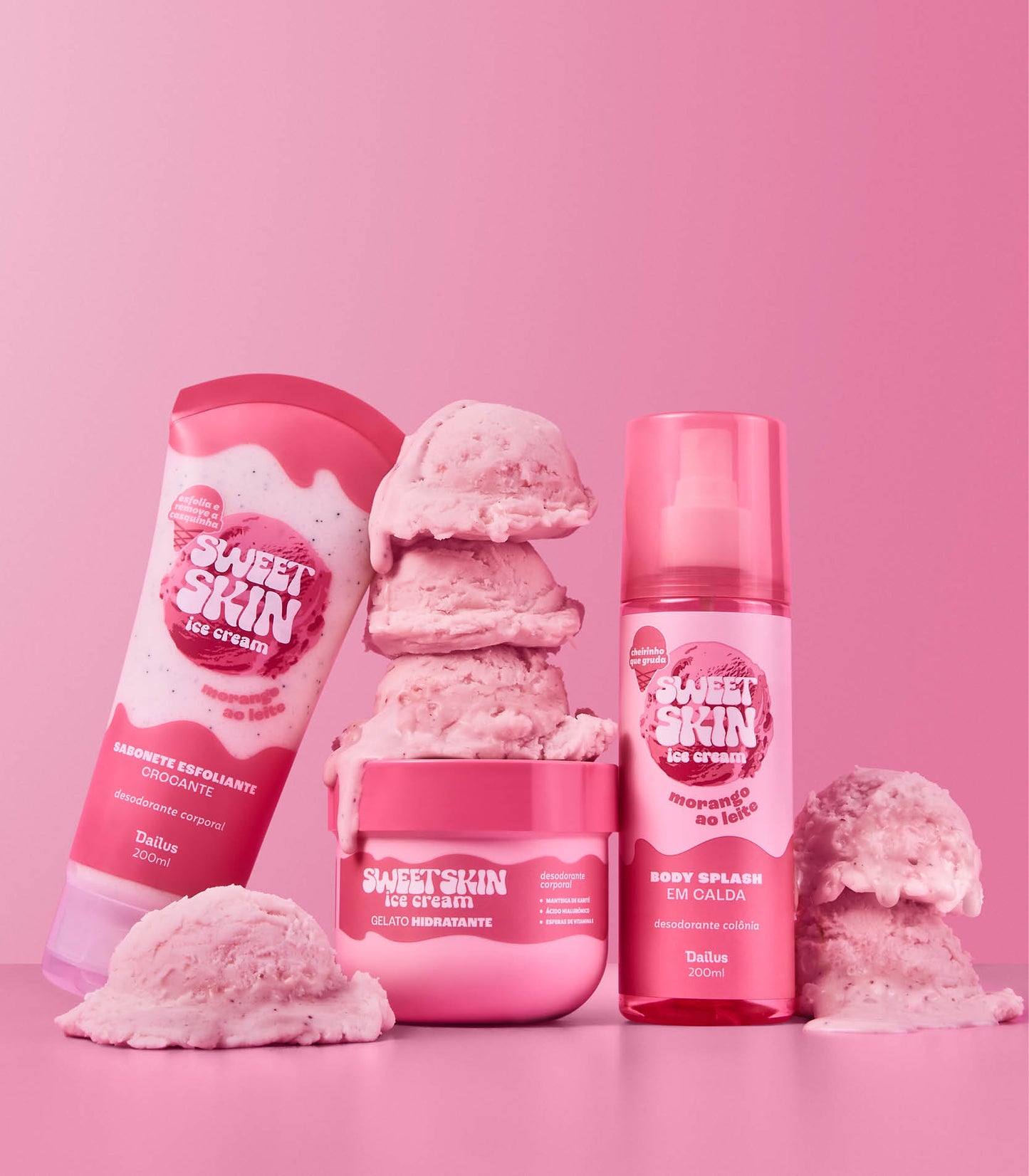 KIT TRIO MORANGO AO LEITE – SABONETE ESFOLIANTE CROCANTE + GELATO HIDRATANTE + BODY SPLASH EM CALDA – SWEET SKIN ICE CREAM