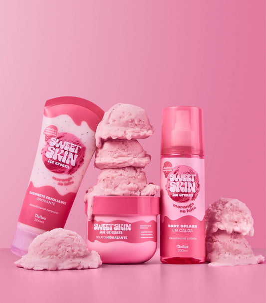 KIT TRIO MORANGO AO LEITE – SABONETE ESFOLIANTE CROCANTE + GELATO HIDRATANTE + BODY SPLASH EM CALDA – SWEET SKIN ICE CREAM