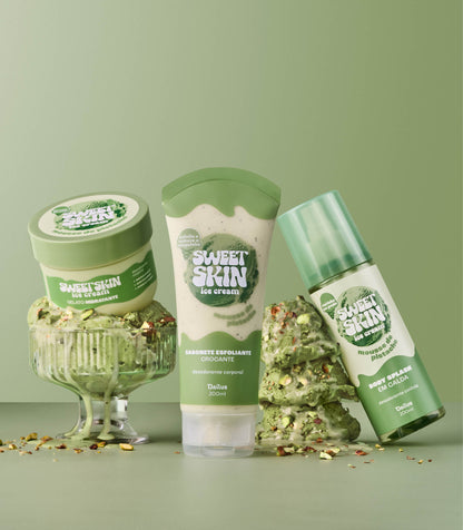 KIT TRIO MOUSSE DE PISTACHE – SABONETE ESFOLIANTE CROCANTE + GELATO HIDRATANTE + BODY SPLASH EM CALDA – SWEET SKIN ICE CREAM